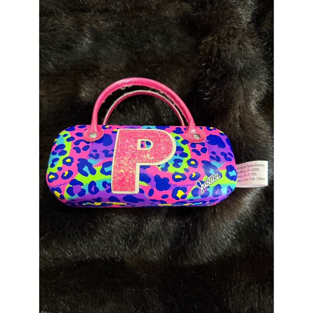 Girls Justice Leopard Cheetah Initial P Hard Eye Glasses Sun Glass Case